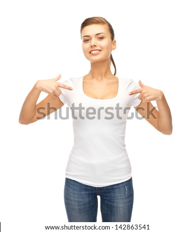 Picture Of Smiling Woman Pointing At Blank White T-Shirt