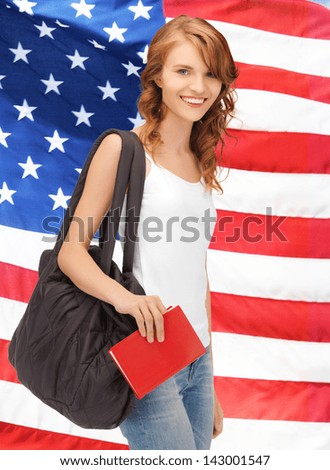 bright picture of travelling student with bag and book over american flag