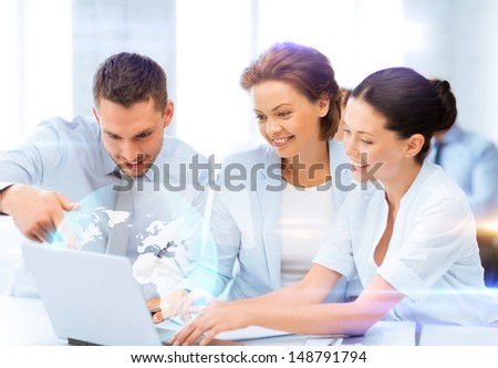 business and future technology - business teamworking with virtual screen in office