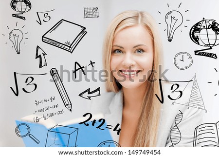 education and school concept - smiling student with doodles reading textbook