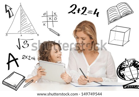 education technology internet and parenting concept girl and mother doing homework with tablet pc education technology internet and parenting concept girl and mother doing homework with tablet pc