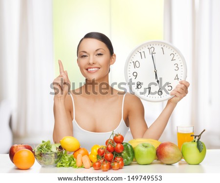healthy food and diet - happy woman with fruits and vegetables