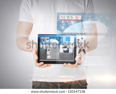 business, technology, internet and news concept - man showing tablet pc with news app