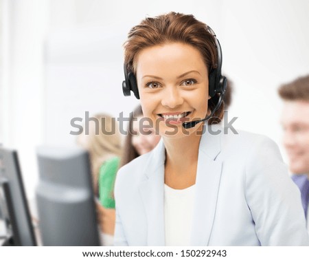 Business And Call Center Concept - Helpline Operator With Headphones In Call Centre