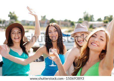 Summer Holidays And Vacation - Girls With Champagne Glasses On Boat Or Yacht