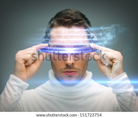 future technology and science fiction concept - man with digital glasses