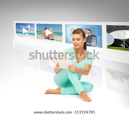 technology, internet, tv and news concept - young woman with tablet pc and virtual screens
