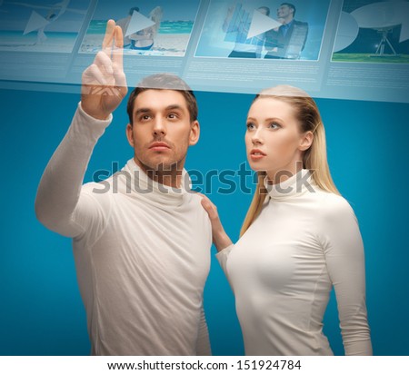 future technology, internet and networking concept - man and woman working with virtual screen