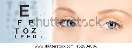 medicine and vision concept - woman\'s eyes and eye chart