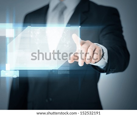 Technology, Internet, Tv And News Concept - Man Hands With Virtual Screens