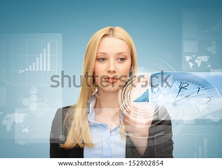 business, future technology and time management concept - businesswoman pointing at graph on virtual screen