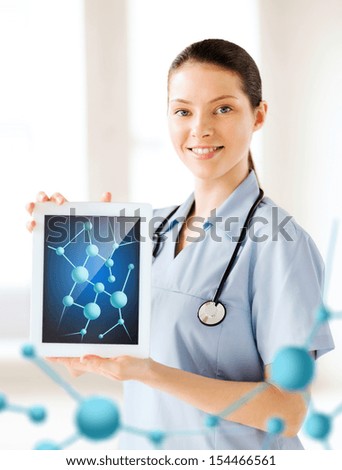 healthcare, hospital, research, science and medical concept - female doctor with tablet pc and molecules