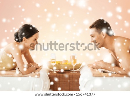 Health And Beauty, Honeymoon And Vacation Concept - Couple In Spa Salon Drinking Champagne