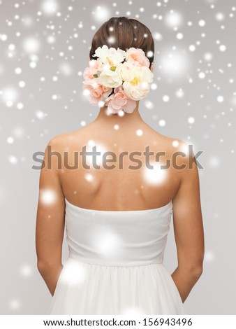 valentine\'s day, bridal, wedding, christmas, x-mas, winter, happiness concept - woman with flowers in her head