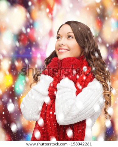 Winter, People, Happiness Concept - Happy Woman In Sweater, Scarf And Mittens