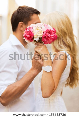 Summer Holidays, Love, Relationship And Dating Concept - Couple With Bouquet Of Flowers In The City