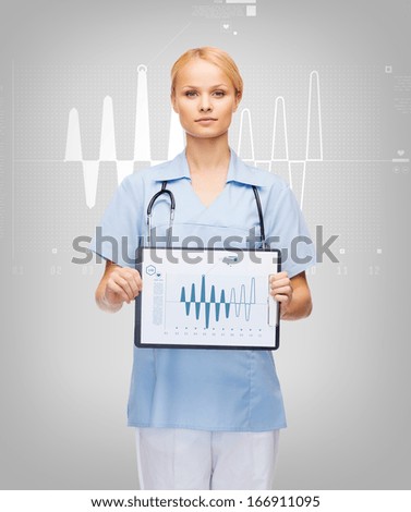 healthcare, medicine, advertisement and sale concept - smiling female doctor or nurse with stethoscope and cardiogram on clipboard