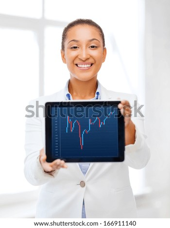 office, business, technology and money concept - businesswoman with tablet pc and forex chart in it in office