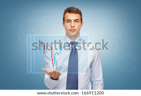 business, money and office concept - friendly young buisnessman showing forex chart on the palm of his hand