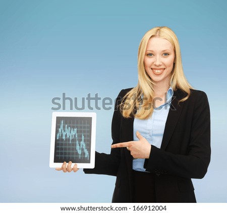 business , money and technology concept - smiling businesswoman with tablet pc and forex chart in it