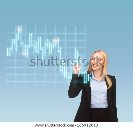 business, money and new technology - smiling businesswoman pointing to forex chart on virtual screen