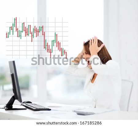 business, office, problem, money and stress concept - stressed businesswoman with computer at work