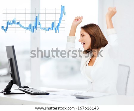 business office triumph winning and mony concept happy businesswoman with computer in office business office triumph winning and mony concept happy businesswoman with computer in office