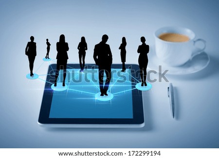 business, social and technology concept - tablet pc with cup of coffee and social or business network