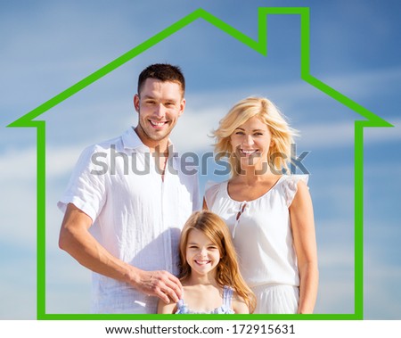 home, happiness and real estate concept - happy family over blue sky background and house shaped illustration