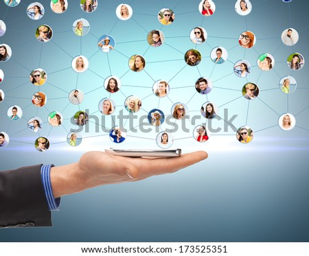business, networking and communication - closeup of man hand with smartphone and social network
