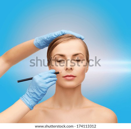 healthcare, beauty and medicine concept - beautiful woman face with closed eyes and beautician hands with pencil