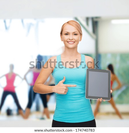 sport, excercise, technology, internet and healthcare - sporty woman with tablet pc blank screen