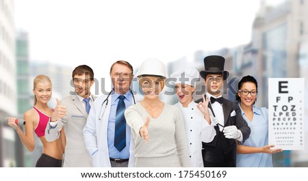 professions and people concept - group of people including businessman, cook, doctor, architect, nurse, magician and personal trainer