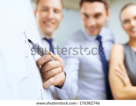 Business And Office Concept - Smiling Business Team With Charts On Flip Board Having Discussion