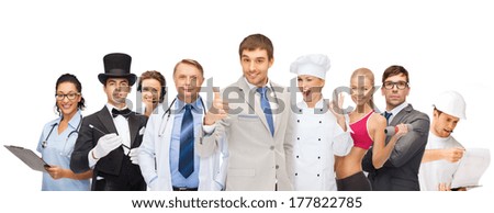 professions and people concept - group of people including businessmen, doctor, nurse, magician, helpline operator, cook, personal trainer
