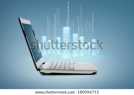 technology and advertisement concept - laptop computer with digital coins and data