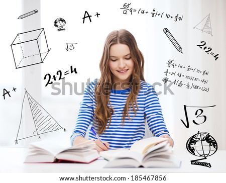 education and home concept - happy smiling student girl with books
