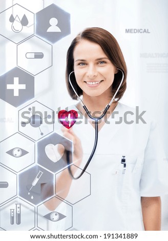 healthcare, medical and future technology concept - female doctor with stethoscope and virtual screen