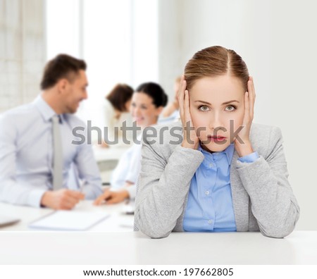 business and office concept - stressed businesswoman covering her ears with hands