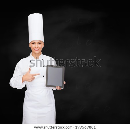 cooking, technology and food concept - smiling female chef with tablet pc computer blank screen