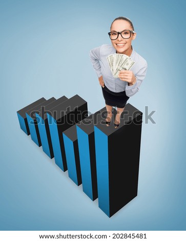 business, money and banking concept - smiling businesswoman in eyeglasses with dollar cash money standing on growing chart