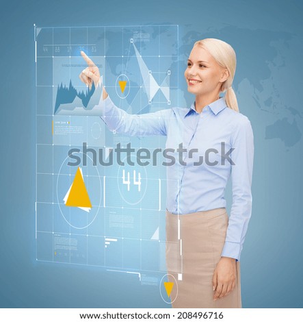 business, future, technology and people concept - smiling young businesswoman working with virtual screen