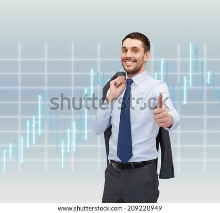 business, office, gesture and people concept - smiling young and handsome businessman showing thumbs up over forex chart background