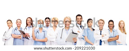healthcare technology and medicine concept smiling female and male doctors and nurses with tablet pc computer healthcare technology and medicine concept smiling female and male doctors and nurses with tablet pc computer