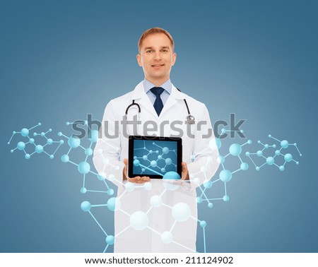 medicine, biology, chemistry, future technology and people concept - smiling male doctor with tablet pc computer and stethoscope over molecular background