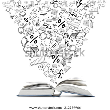 education and reading concept - open book with different symbol doodles
