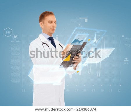 medicine, profession, future technology and healthcare concept - smiling male doctor with clipboard and stethoscope writing prescription over blue background
