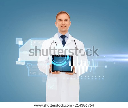 medicine, future technology, people and healthcare concept - smiling male doctor with tablet pc computer and stethoscope over virtual screen background