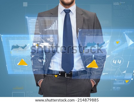 business, people and office concept - close up of businessman over blue graph and virtual screens projection background