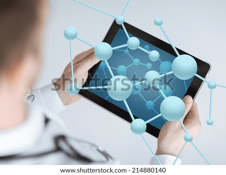 medicine, technology, biology and people concept - close up of doctor with stethoscope, tablet pc and molecular projection